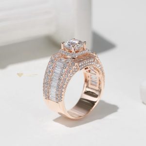 Nhẫn kim cương nam mix baguette vàng hồng