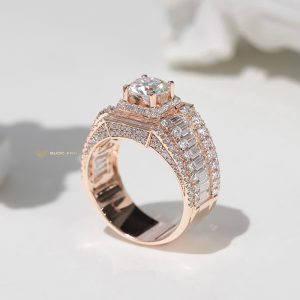 Nhẫn kim cương nam mix baguette vàng hồng