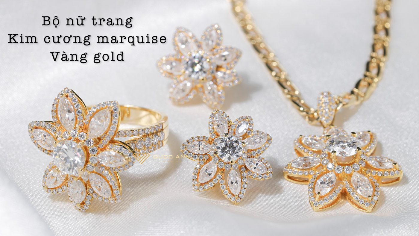 Bộ nữ trang kim cương marquise vàng gold quý phái