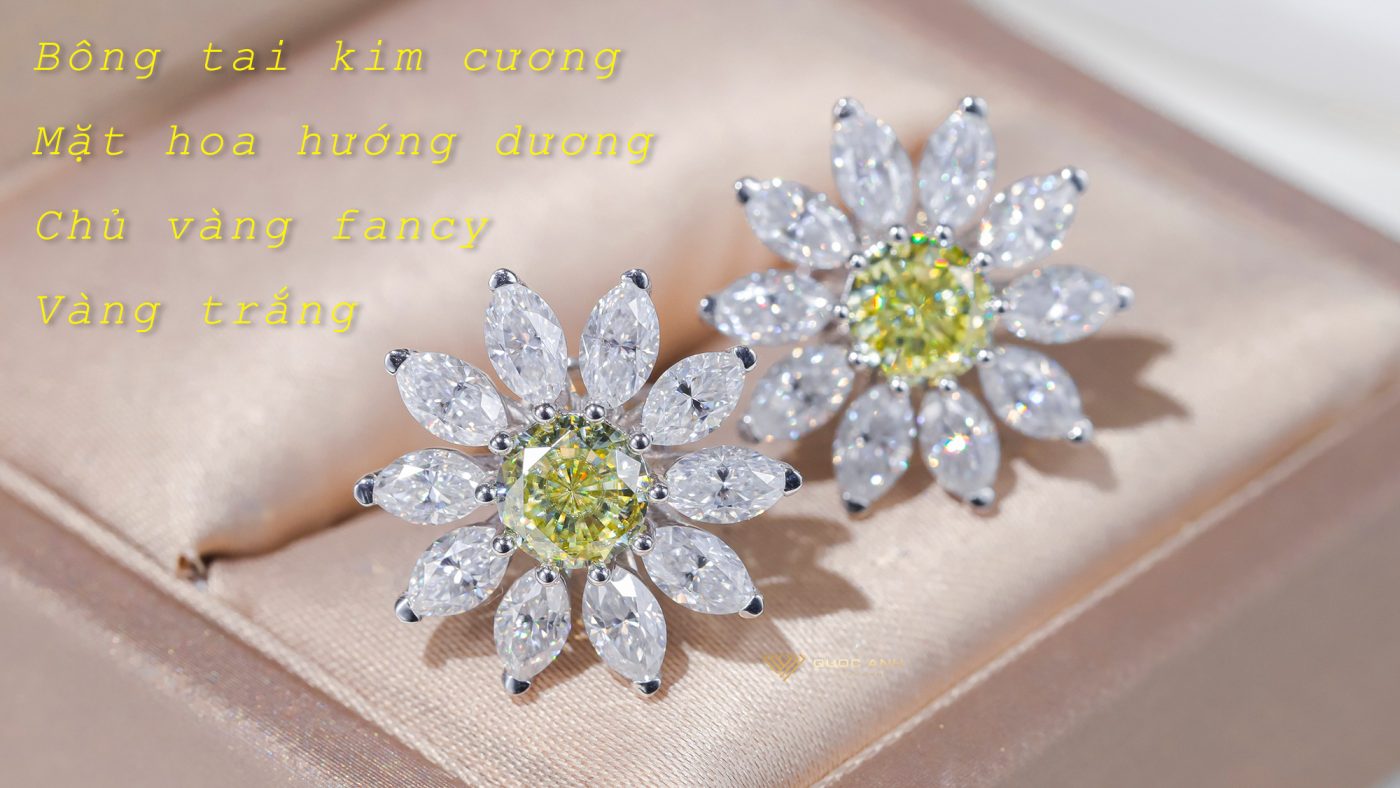 Bông tai kim cương mặt hướng dương chủ vàng fancy