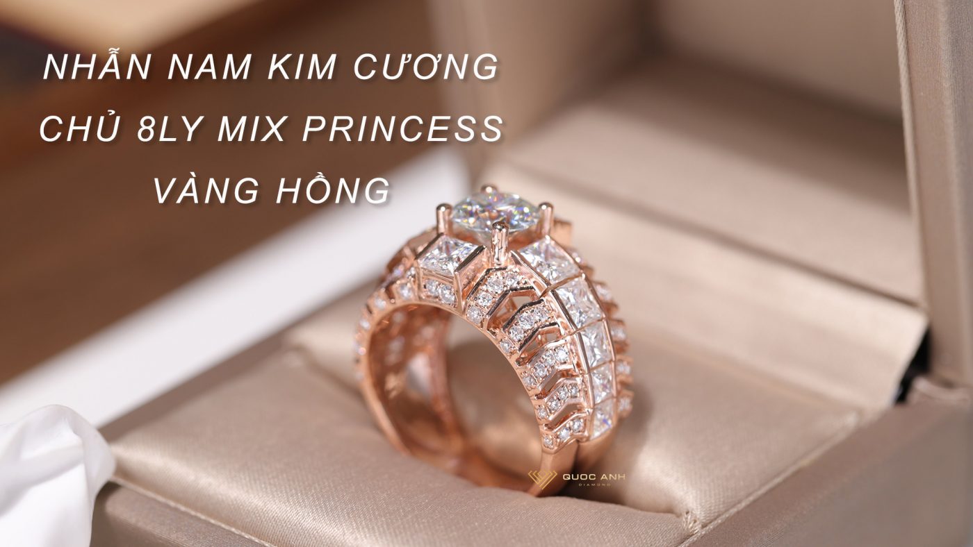 Nhẫn kim cương nam chủ 8ly mix princess vàng hồng