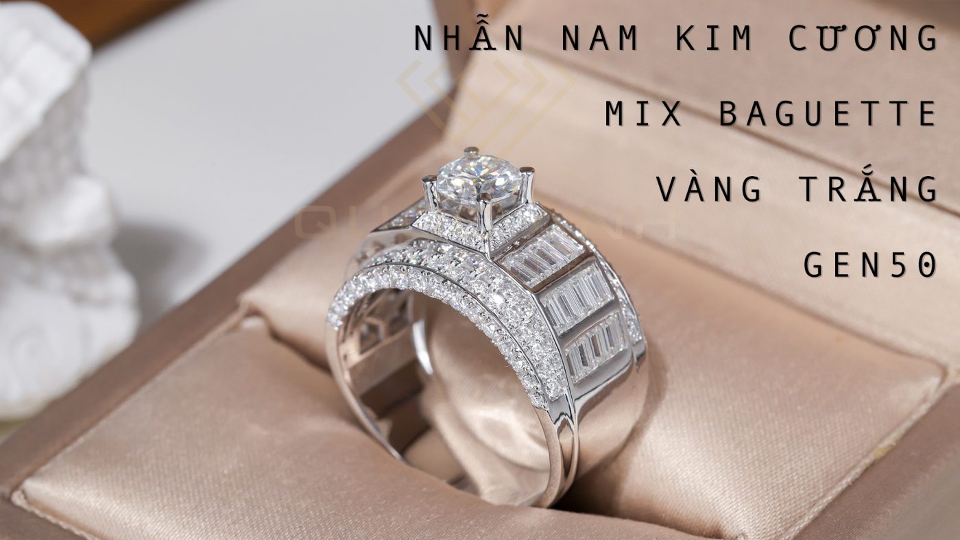 Nhẫn kim cương nam mix 4 hàng dọc baguette ở đai