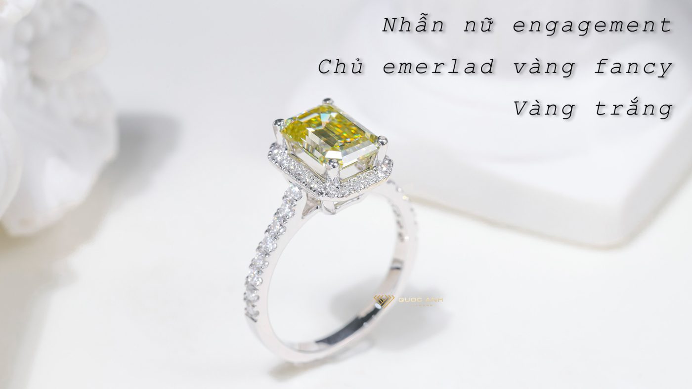 Nhẫn kim cương nữ engagement chủ emerald vàng fancy