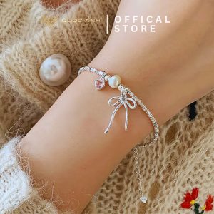 Lắc tay bạc nữ thắt nơ mix ngọc trai và trái tim hồng thanh lịch DIVAT0212