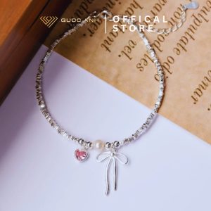 Lắc tay bạc nữ thắt nơ mix ngọc trai và trái tim hồng thanh lịch DIVAT0212